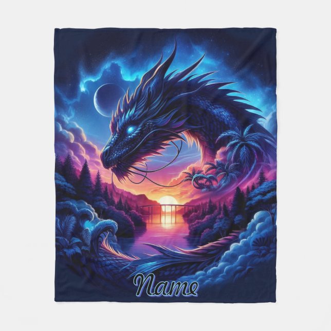 Dragon Silhouetted Against a Vibrant Sunset   Fleece Blanket (Front)