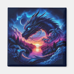Dragon Silhouetted Against a Vibrant Sunset   Magnet