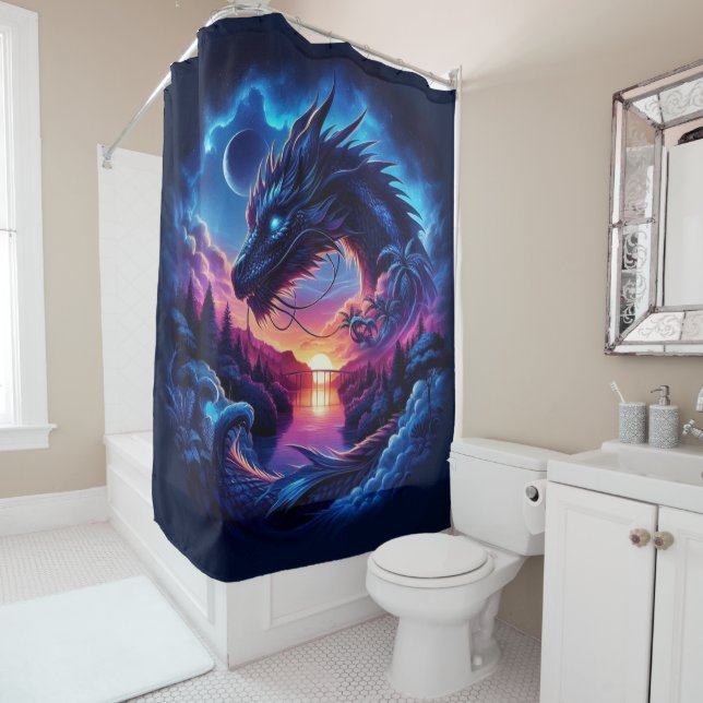 Dragon Silhouetted Against a Vibrant Sunset  Shower Curtain (In Situ)