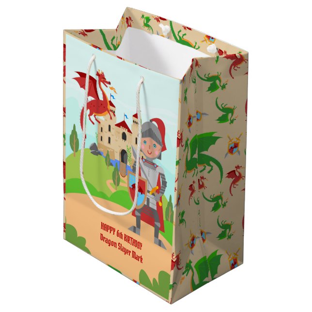 Dragon Slayer Knight Boy Birthday Party Medium Gift Bag (Front Angled)