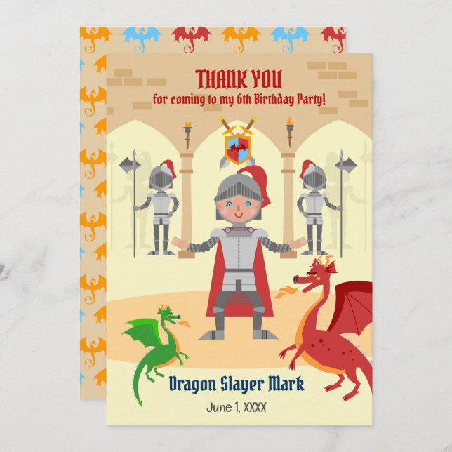 Dragon Slayer Knight Boy Birthday Party Thank You Card (Front/Back)