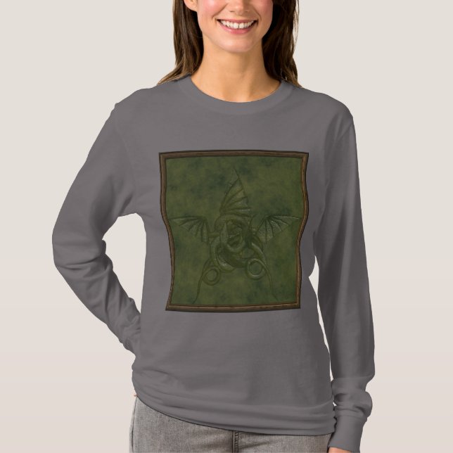 Dragon Star - Embossed Green Leather Image T-Shirt (Front)