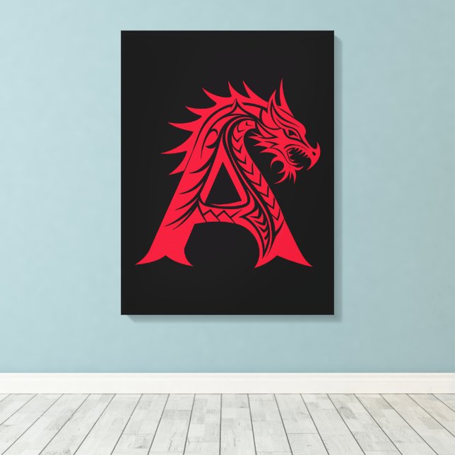 Dragon Styled Letter A, Dragon Alphabet, Monogram Canvas Print (Insitu(Wood Floor))