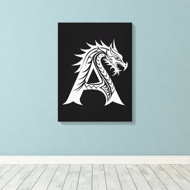 Dragon Styled Letter A, Dragon Alphabet, Monogram Canvas Print (Insitu(Wood Floor))