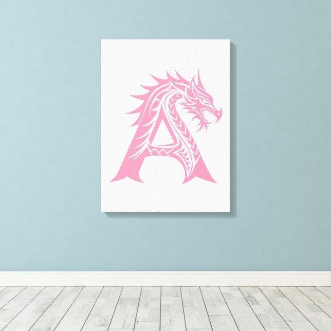 Dragon Styled Letter A, Dragon Alphabet, Monogram Canvas Print (Insitu(Wood Floor))