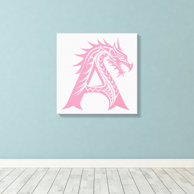 Dragon Styled Letter A, Dragon Alphabet, Monogram Canvas Print (Insitu(Wood Floor))