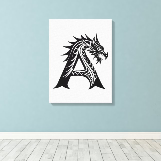 Dragon Styled Letter A, Dragon Alphabet, Monogram Canvas Print (Insitu(Wood Floor))