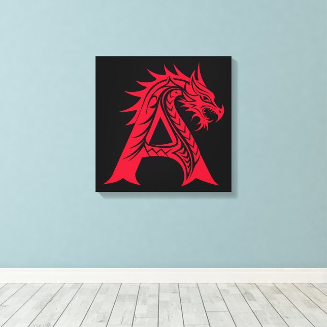 Dragon Styled Letter A, Dragon Alphabet, Monogram Canvas Print (Insitu(Wood Floor))
