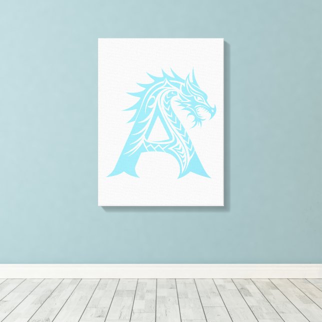 Dragon Styled Letter A, Dragon Alphabet, Monogram Canvas Print (Insitu(Wood Floor))