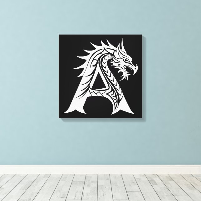 Dragon Styled Letter A, Dragon Alphabet, Monogram Canvas Print (Insitu(Wood Floor))