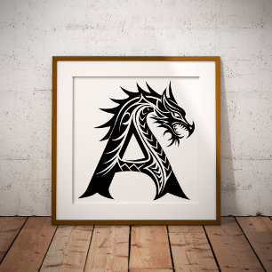 Dragon Styled Letter A, Dragon Alphabet, Monogram Photo Print