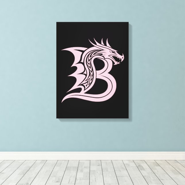 Dragon Styled Letter B, Dragon Alphabet, Monogram Canvas Print (Insitu(Wood Floor))