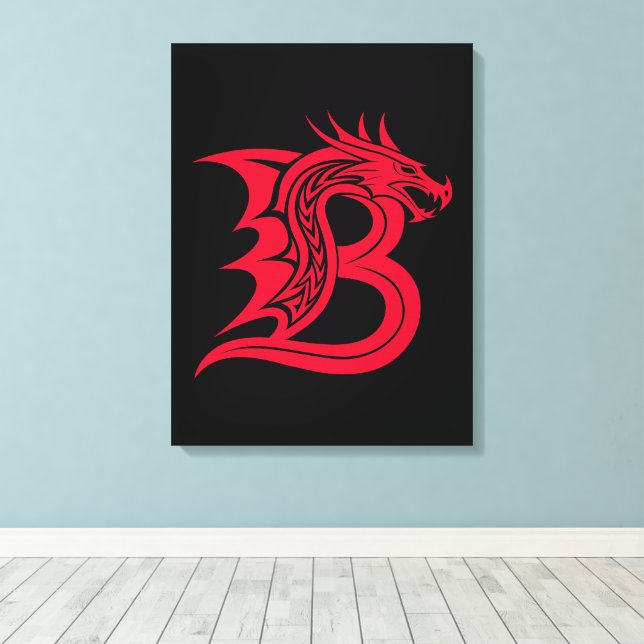 Dragon Styled Letter B, Dragon Alphabet, Monogram Canvas Print (Insitu(Wood Floor))