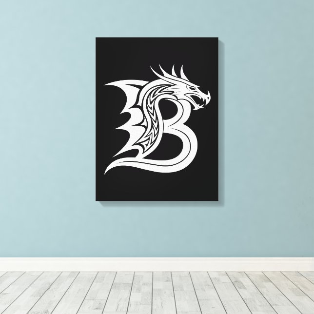 Dragon Styled Letter B, Dragon Alphabet, Monogram Canvas Print (Insitu(Wood Floor))