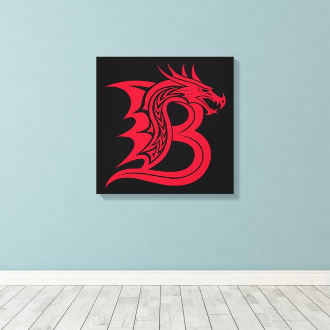 Dragon Styled Letter B, Dragon Alphabet, Monogram Canvas Print (Insitu(Wood Floor))