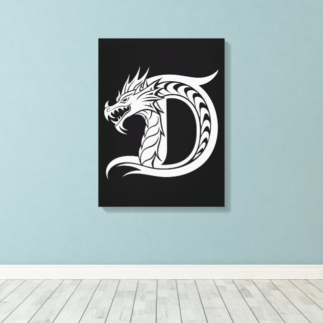 Dragon Styled Letter D, Dragon Alphabet, Monogram Canvas Print (Insitu(Wood Floor))