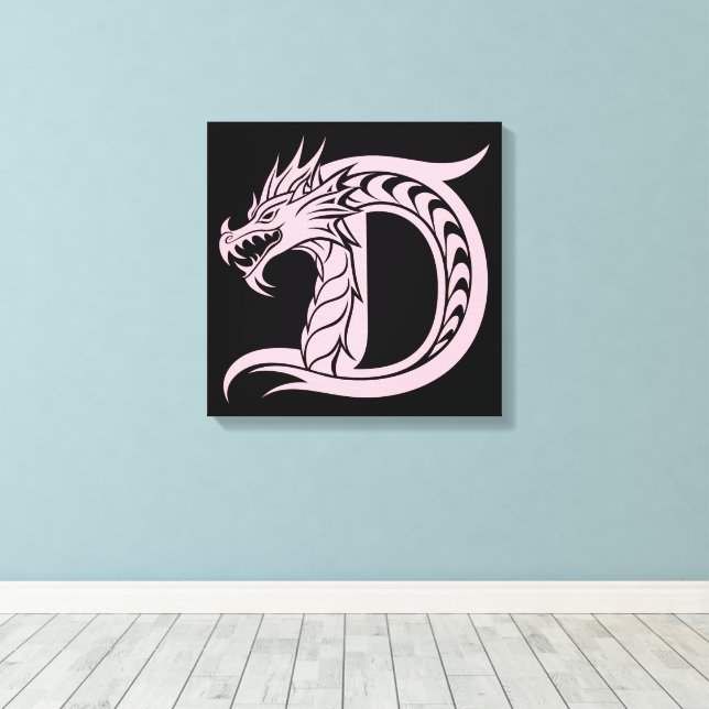 Dragon Styled Letter D, Dragon Alphabet, Monogram Canvas Print (Insitu(Wood Floor))