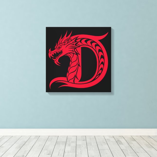 Dragon Styled Letter D, Dragon Alphabet, Monogram Canvas Print (Insitu(Wood Floor))
