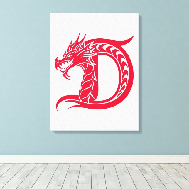 Dragon Styled Letter D, Dragon Alphabet, Monogram Canvas Print (Insitu(Wood Floor))