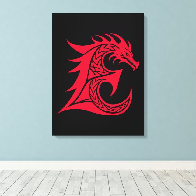 Dragon Styled Letter E, Dragon Alphabet, Monogram Canvas Print (Insitu(Wood Floor))