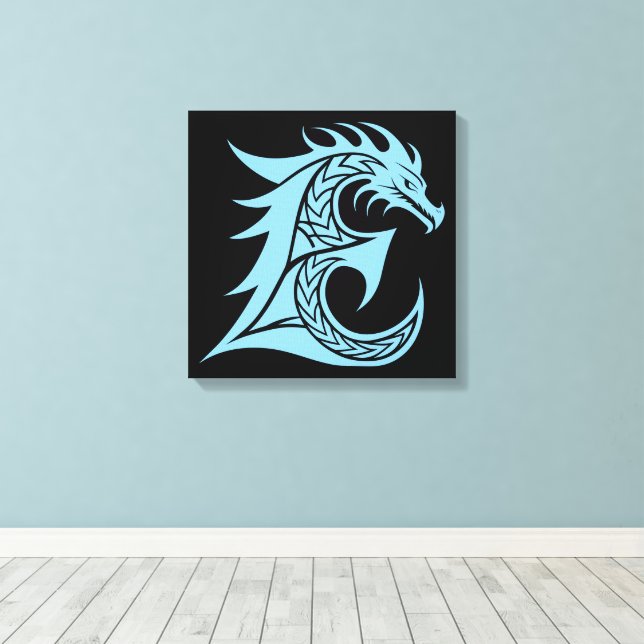 Dragon Styled Letter E, Dragon Alphabet, Monogram Canvas Print (Insitu(Wood Floor))