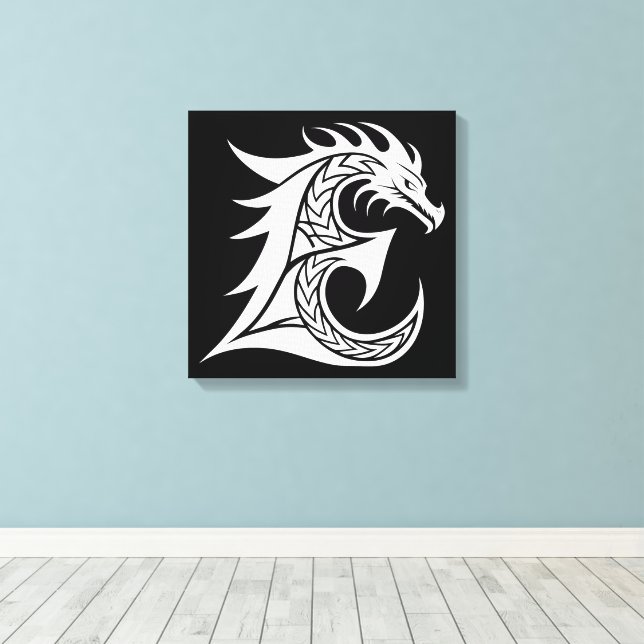 Dragon Styled Letter E, Dragon Alphabet, Monogram Canvas Print (Insitu(Wood Floor))