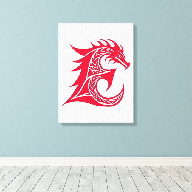 Dragon Styled Letter E, Dragon Alphabet, Monogram Canvas Print (Insitu(Wood Floor))