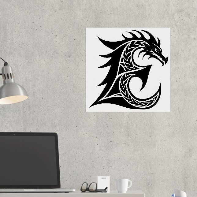 Dragon Styled Letter E, Dragon Alphabet, Monogram Foil Prints (In Situ (Desk 2))