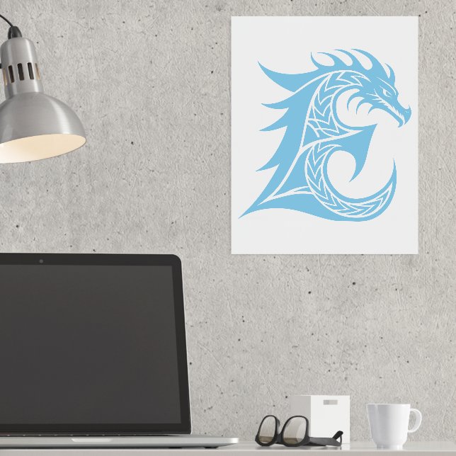 Dragon Styled Letter E, Dragon Alphabet, Monogram Foil Prints (In Situ (Desk))