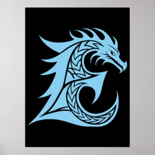 Dragon Styled Letter E, Dragon Alphabet, Monogram Poster