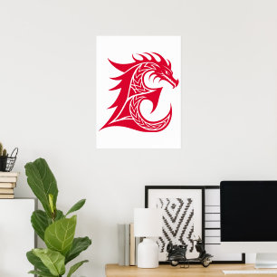 Dragon Styled Letter E, Dragon Alphabet, Monogram Poster