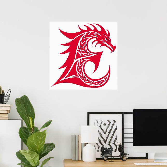 Dragon Styled Letter E, Dragon Alphabet, Monogram Poster (Home Office)