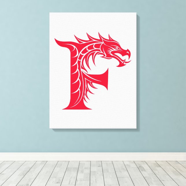 Dragon Styled Letter F, Dragon Alphabet, Monogram Canvas Print (Insitu(Wood Floor))