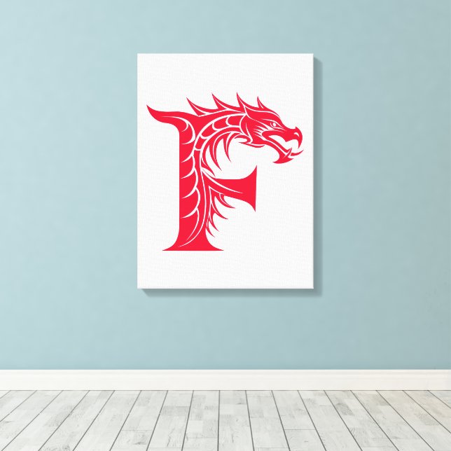Dragon Styled Letter F, Dragon Alphabet, Monogram Canvas Print (Insitu(Wood Floor))