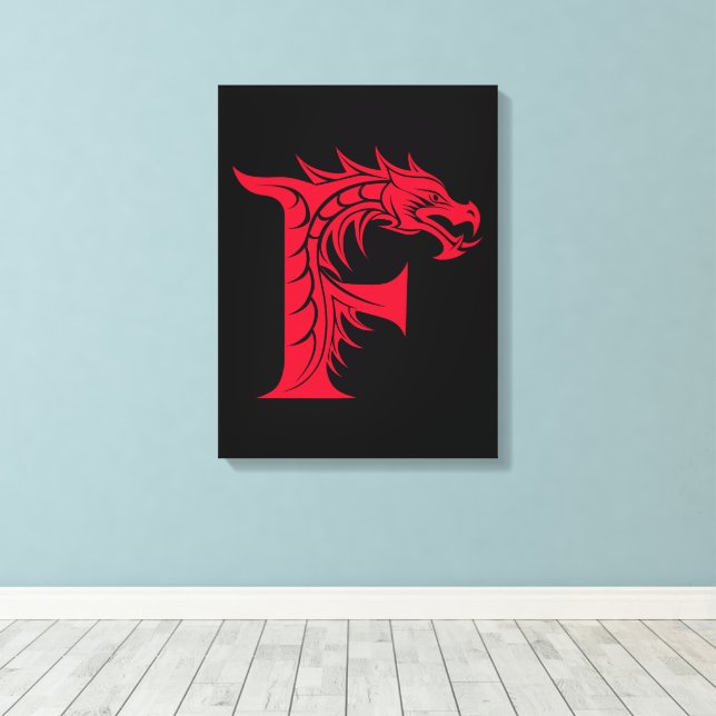 Dragon Styled Letter F, Dragon Alphabet, Monogram Canvas Print (Insitu(Wood Floor))
