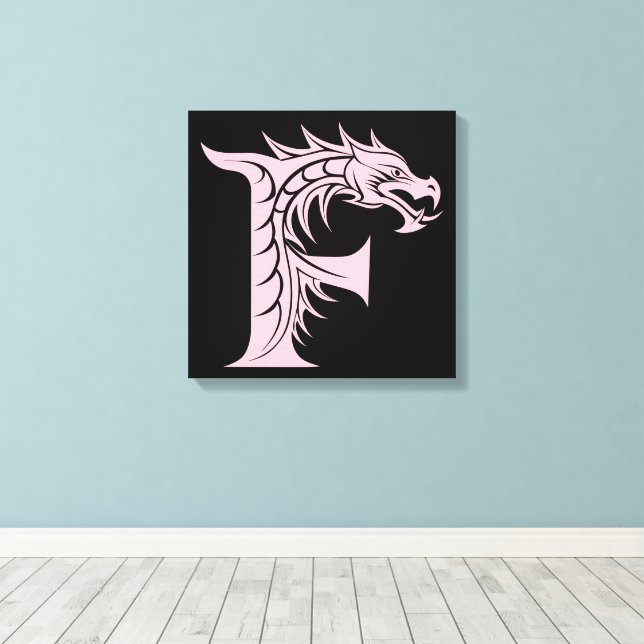 Dragon Styled Letter F, Dragon Alphabet, Monogram Canvas Print (Insitu(Wood Floor))