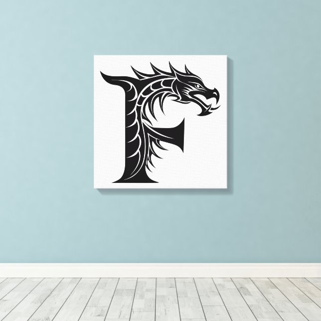 Dragon Styled Letter F, Dragon Alphabet, Monogram Canvas Print (Insitu(Wood Floor))