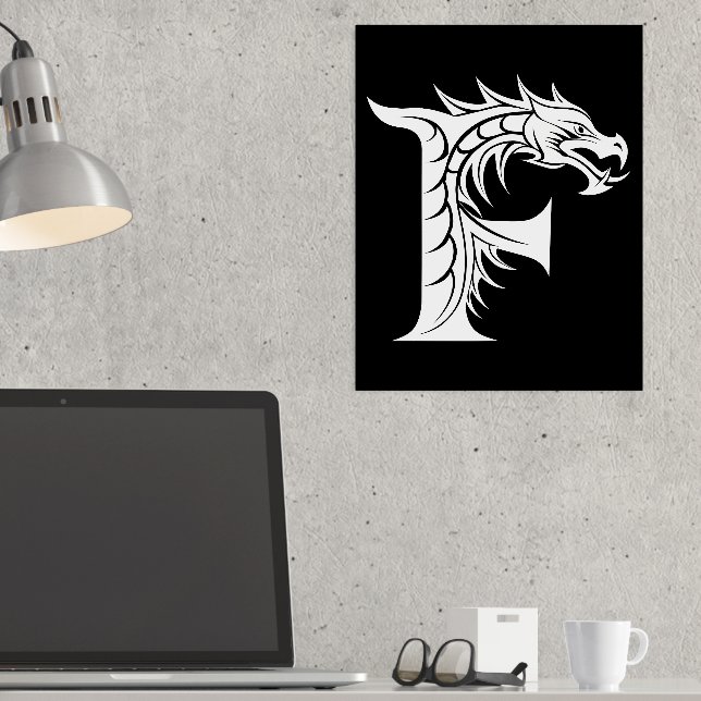Dragon Styled Letter F, Dragon Alphabet, Monogram Foil Prints (In Situ (Desk))