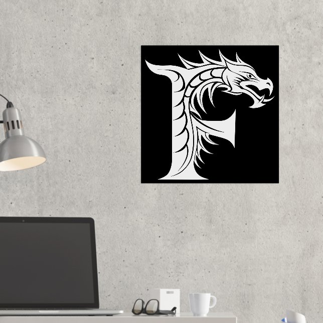 Dragon Styled Letter F, Dragon Alphabet, Monogram Foil Prints (In Situ (Desk 2))