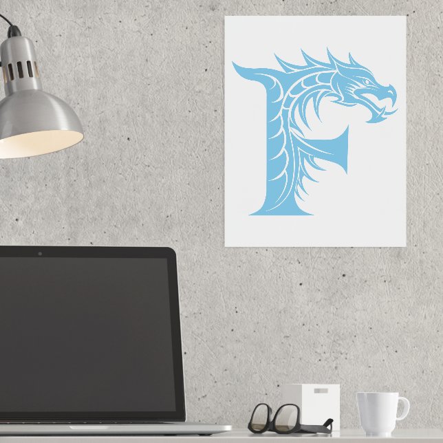 Dragon Styled Letter F, Dragon Alphabet, Monogram Foil Prints (In Situ (Desk))