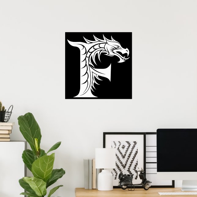 Dragon Styled Letter F, Dragon Alphabet, Monogram Poster (Home Office)