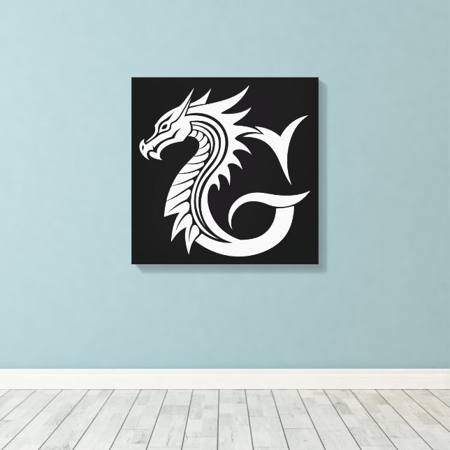 Dragon Styled Letter G, Dragon Alphabet, Monogram Canvas Print (Insitu(Wood Floor))