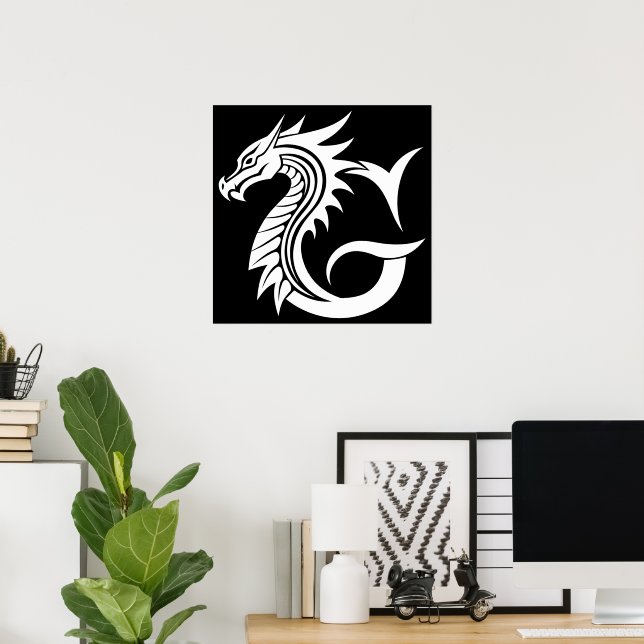 Dragon Styled Letter G, Dragon Alphabet, Monogram Poster (Home Office)