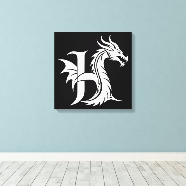 Dragon Styled Letter H, Dragon Alphabet, Monogram Canvas Print (Insitu(Wood Floor))
