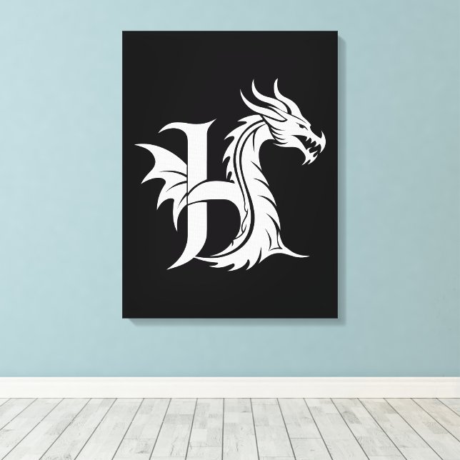 Dragon Styled Letter H, Dragon Alphabet, Monogram Canvas Print (Insitu(Wood Floor))