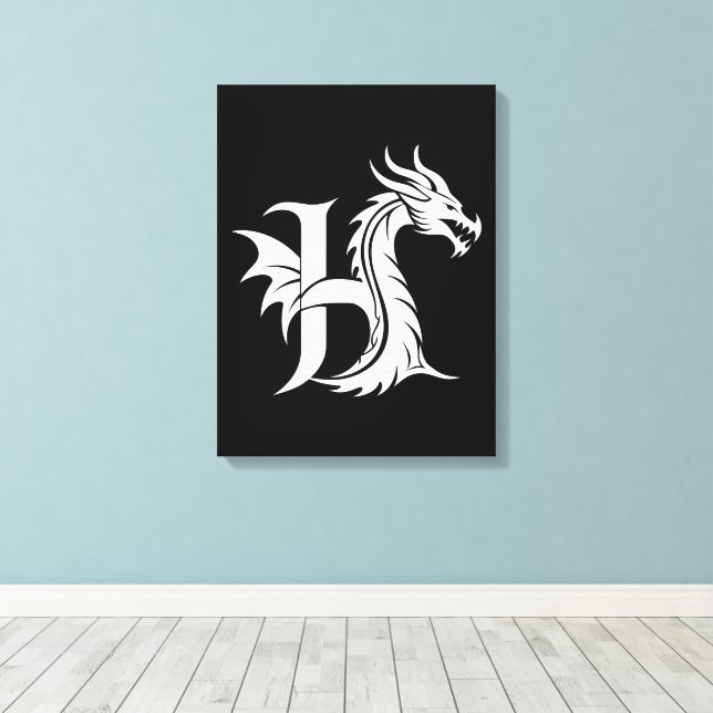 Dragon Styled Letter H, Dragon Alphabet, Monogram Canvas Print (Insitu(Wood Floor))