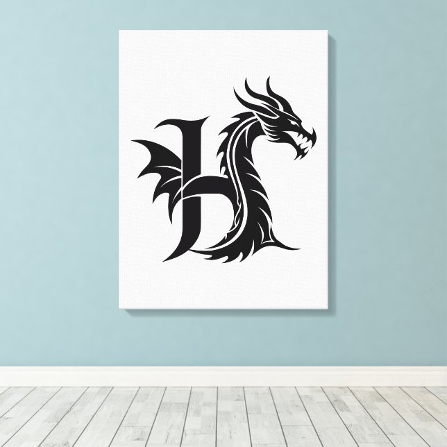Dragon Styled Letter H, Dragon Alphabet, Monogram Canvas Print (Insitu(Wood Floor))
