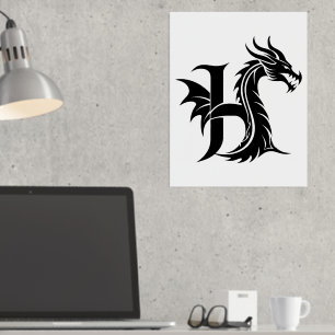 Dragon Styled Letter H, Dragon Alphabet, Monogram Foil Prints
