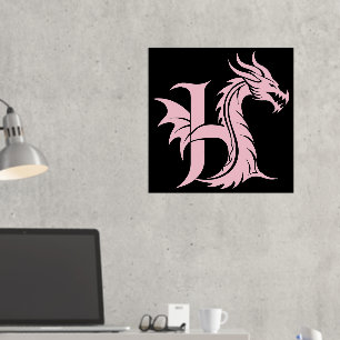 Dragon Styled Letter H, Dragon Alphabet, Monogram Foil Prints