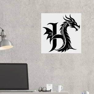 Dragon Styled Letter H, Dragon Alphabet, Monogram Foil Prints